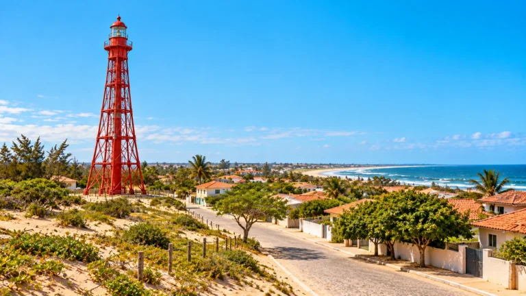 Ilustração editorial da torre vermelha do Farol de São Tomé e da localidade costeira em Campos dos Goytacazes